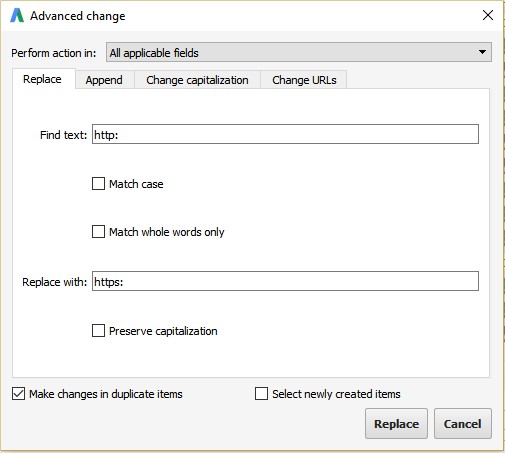Find & Replace - Adwords Editor
